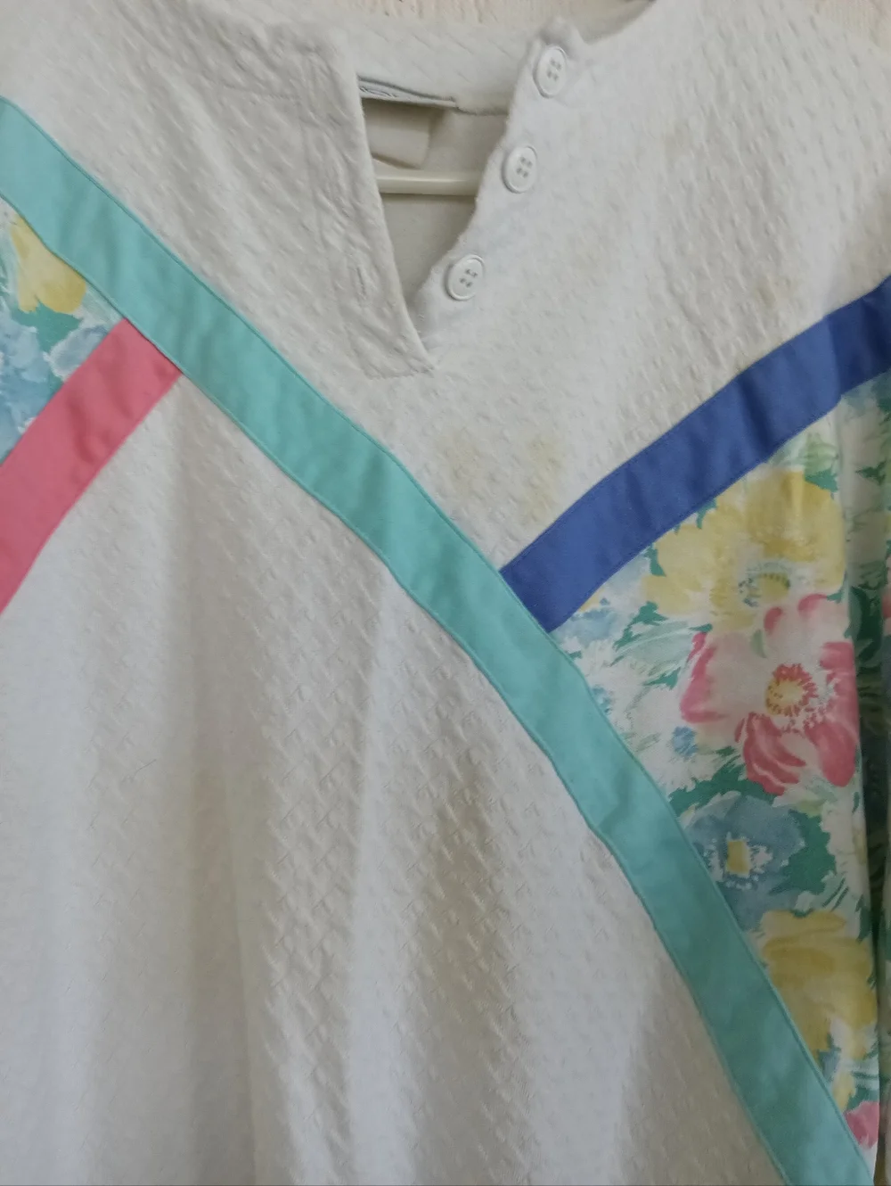 Koret White Floral Panel Colorblock Sweater Vintage Pastel Pink Blue Textured LG - Picture 3 of 12